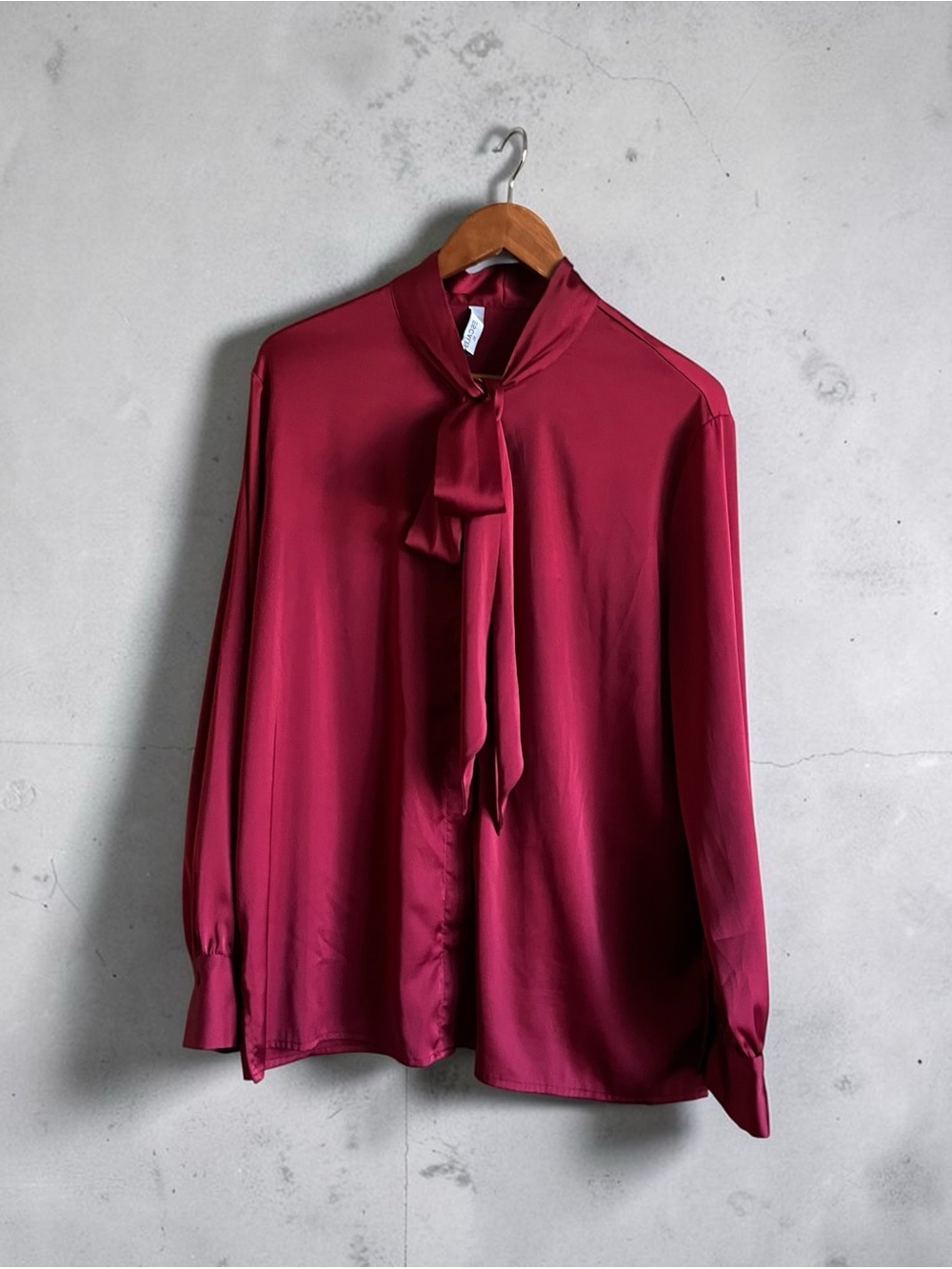Women's Satin Tie-Neck Blouse in Burgundy